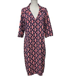 Katherine Way Dress Womens XL Navy Pink Retro Geometric Shift V Neck Made in USA
